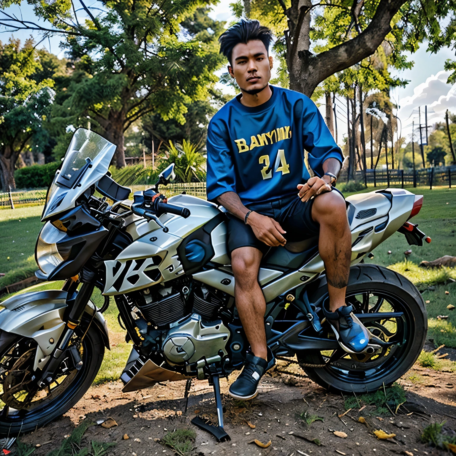 there is a man sitting on a motorcycle in the grass, without helmet, 1 st winner, inspired by Ke Jiusi, orisha, riyahd cassiem, krenz cushar, biker, motorbike, crash, artistic pose, ash thorp khyzyl saleem, overload, with a cool pose, by Joseph Raphael, roshan, viral post