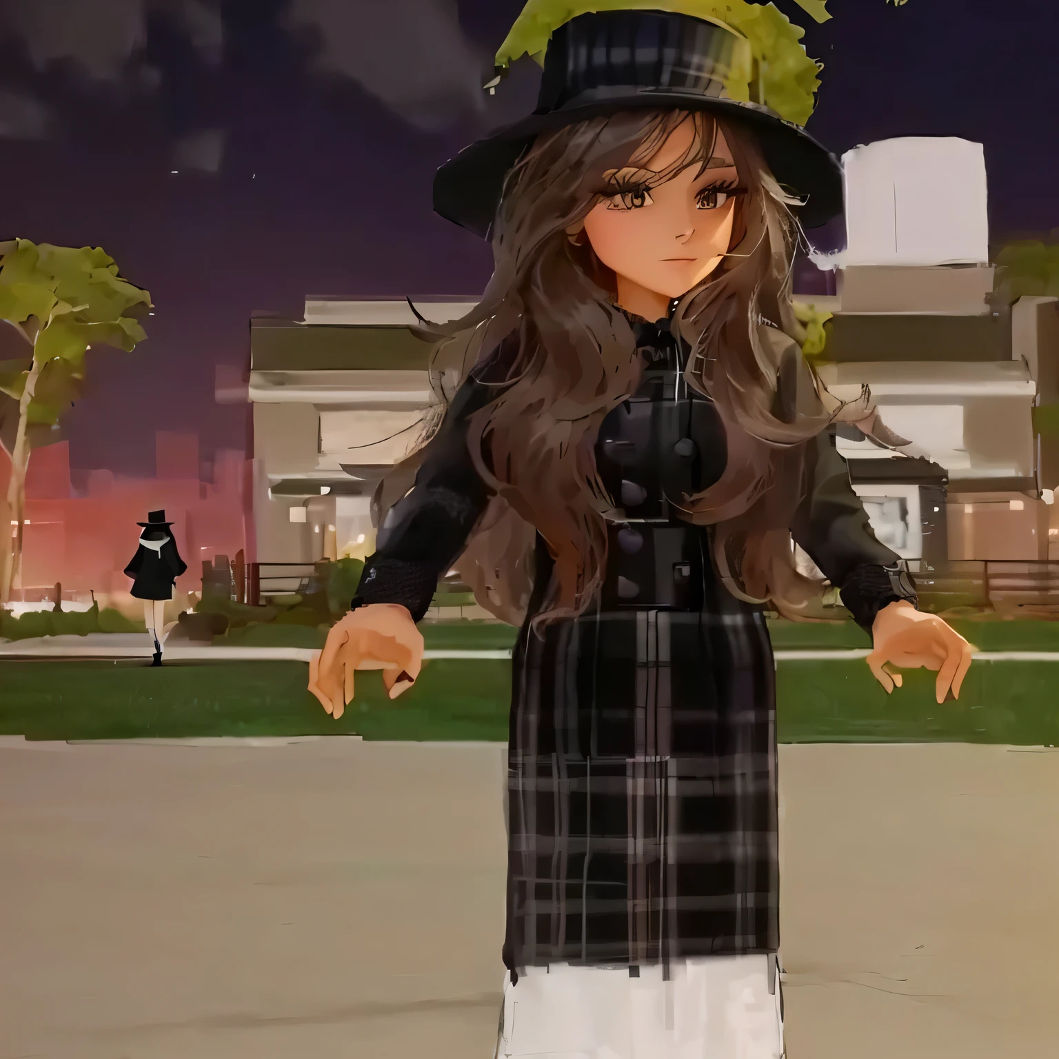 there is a cartoon image of a woman in a black hat and plaid coat, full body! shot, wearing black dress and hat, full body;, outfit photo, distant full body shot, upper body avatar, full body shot close up