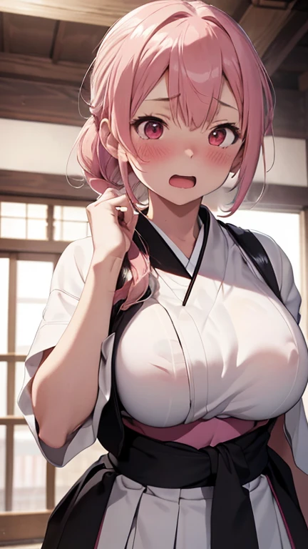 mastute piece,Best Quality,insanely detailed,8k cg,nsfw,
shoot upper body,(body in front:1.1),
1girl,standing,looking at viewer,Proudly、(upright:1.3),(Shrine maiden),
break,blush,shy,(trembling:1.2),break,(Silver Hair),(large breasts),Short:1.2、(open mouth:0.9),(shrine),