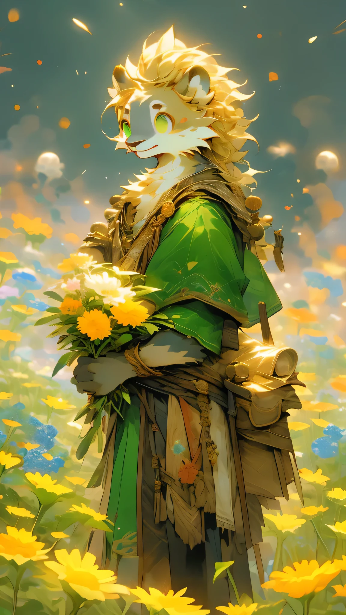 gold tone,Head to Body Ratio1:7,Young guy figure,emaciated,Fu Rui,furry,Holding a bouquet of flowers,Create the magic of flower fields,Flower field scene,Eye contact,emerald eyes,Blonde hair,Normal face shape,The clothes tend to be medieval European style, with a slightly gorgeous court style,Cheerful smile,Smile at the audience,cute