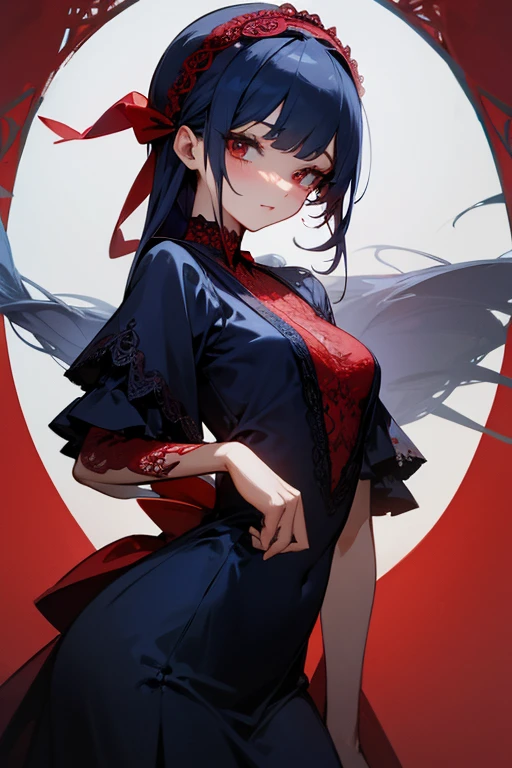 Red and navy lace dress、cute、Villainess、head band、sexy、