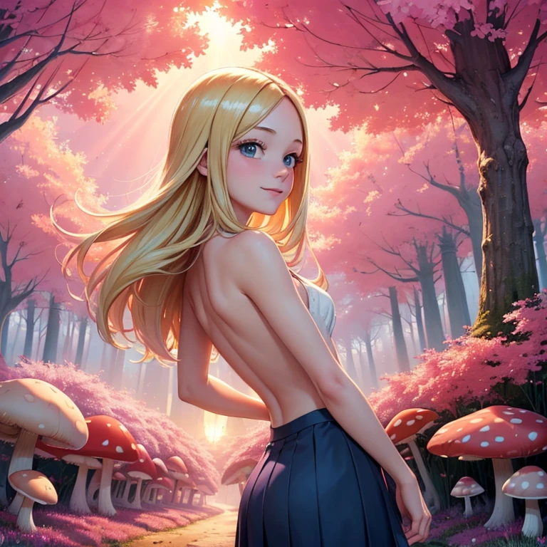 
(masterpiece, best quality:1.4), (8K), Young blonde beauty, slender (((18 years old, neat girl))), detailed blue eyes, long eyelashes, blush, kind smile, vrop top, sideboob, small ass, very thin legs, pink skirt (from side) (looking at viewer), beautiful blonde hair, white-skinned, long hair, parted bangs, (small breasts), (mushroom forest, celestial forest, beautiful and magnificent pink sunshine, majestic sky), colorful natural light)