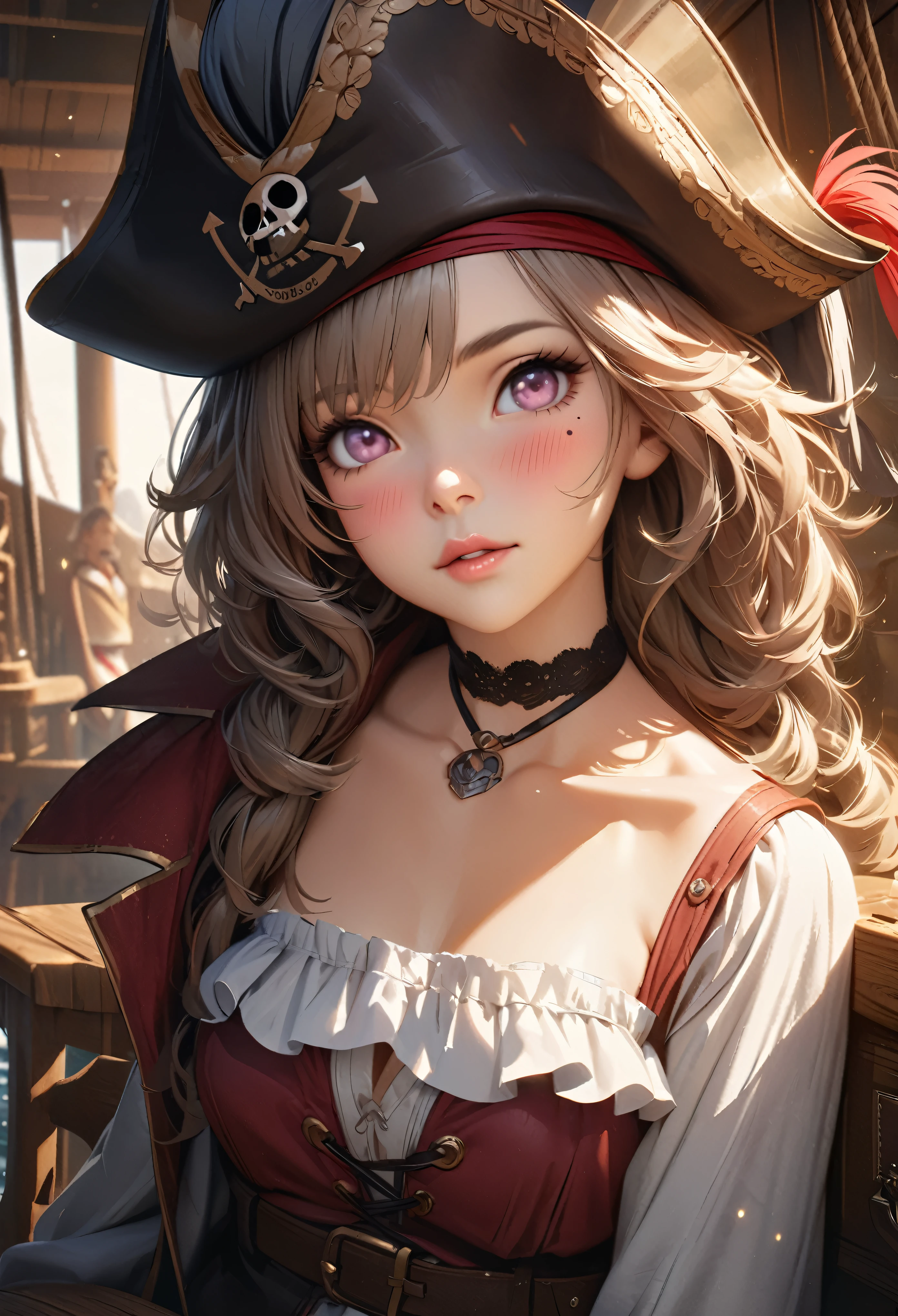 LittleMasterpiece, Best Quality, Highly Detailed, High Definition, High Definition, High Definition, 4k, 8k, Unity 8K Wallpaper, Highly Detailed CG, Masterpiece, Realistic, Beautiful Details, Depth, Fine Texture, Best Quality: 1.3, Total concentration, perfect skin, him, very cute anime, female pirate, pirate costume, pirate ship, whole body, mole under the eye, gaze, high, blush, lips parted, his art, pink eyes, choker
