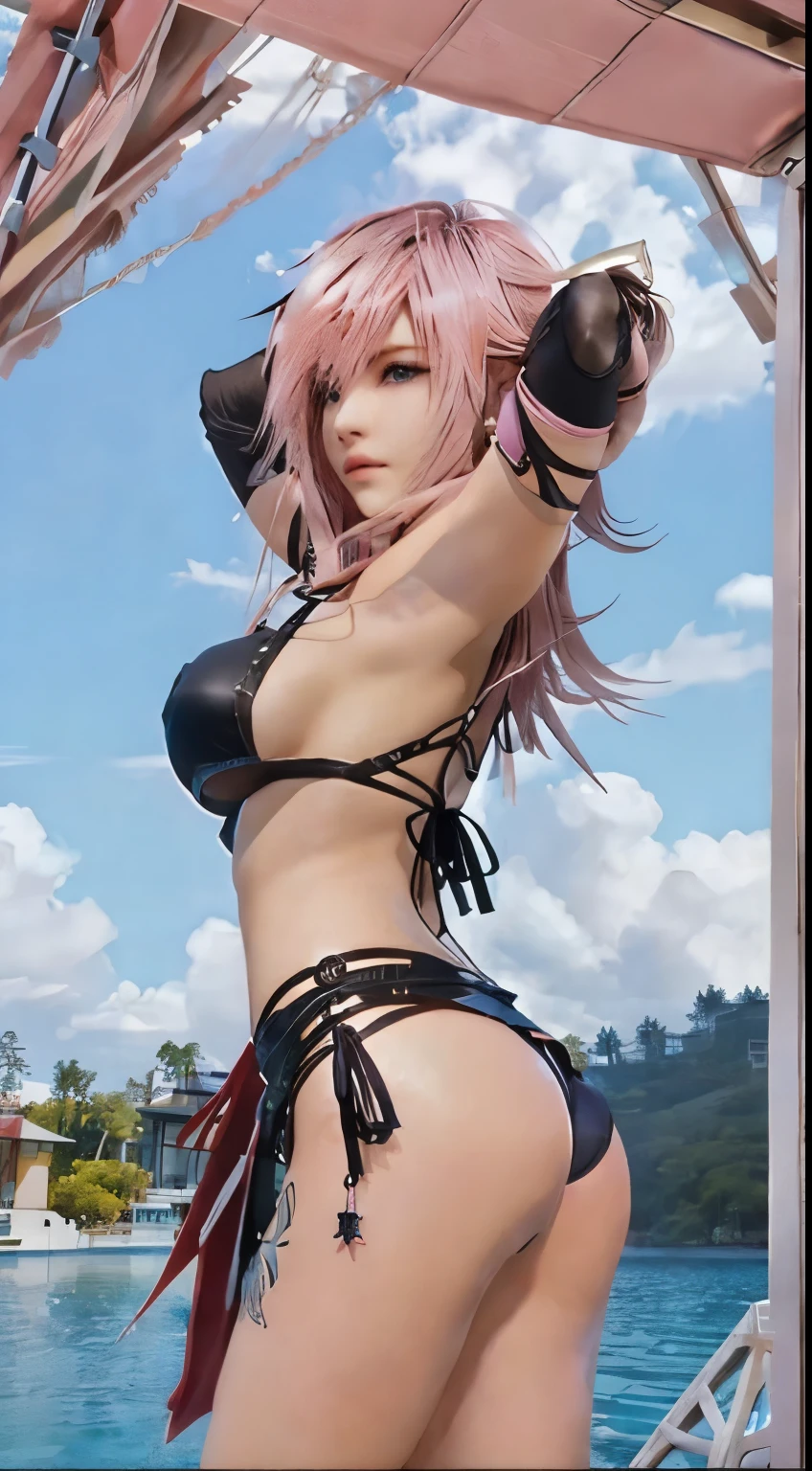 masterpiece, highest quality, Pink Hair, Bright blue eyes,whole body、Black Slingshot Bikini、Put your hands behind your head、turn around、Back view、