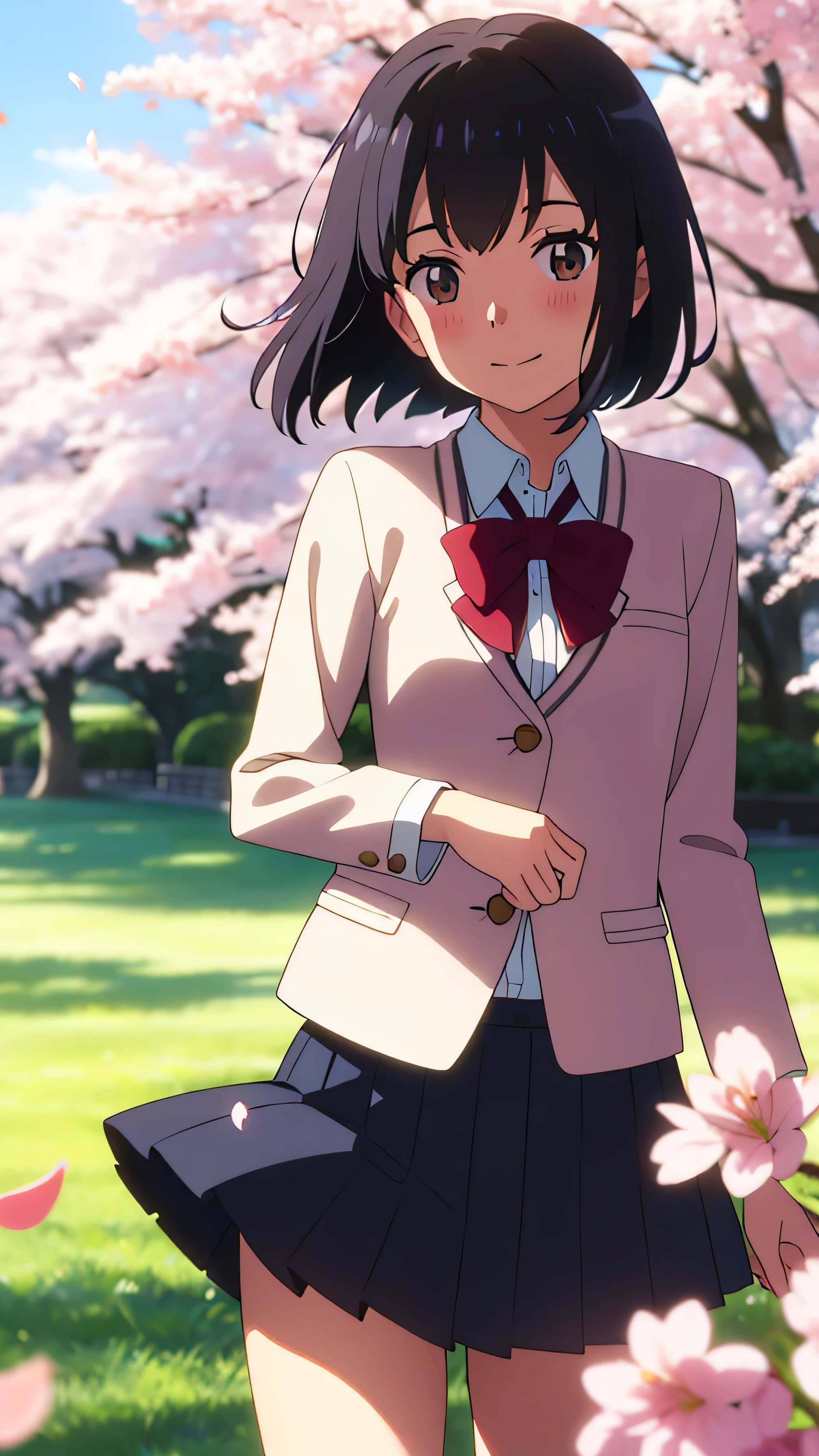 shinkai makoto, kimi no na wa., 1girl, bangs, black hair, blush, brown eyes, shiny skin, red headband, red bow, red ribbon, collared shirt, white shirt, black blazer, white skirt, short hair, smile, cute, solo, happy, beautiful, looking at the viewer, long sleeves, upper-body, cherry_blossoms, falling_petals, petals, branch, pink_flower, blue_sky, sunlight, spring_season, wind, tree