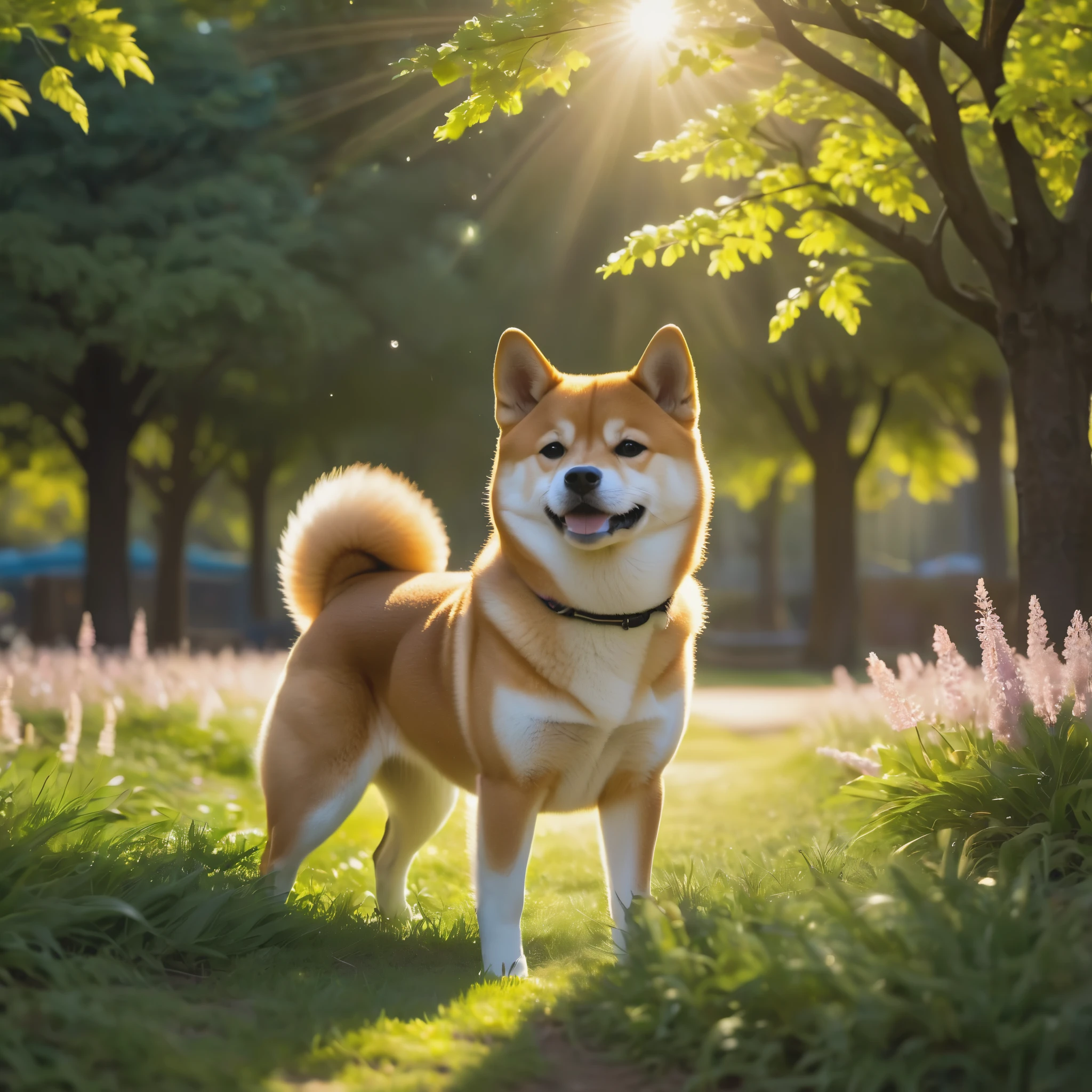 letitfourche,1 Shiba Inu,look up,Park Background ,(Shiba Inu details） ,( solitary ),magical light,concept art,Depth of Field,original photo,Practical,Movie Lighting,Soft shadows,Clear focus,Fractal,rich and colorful,Depth of Field,best quality,16k resolution,Bright colors,Volumetric Lighting