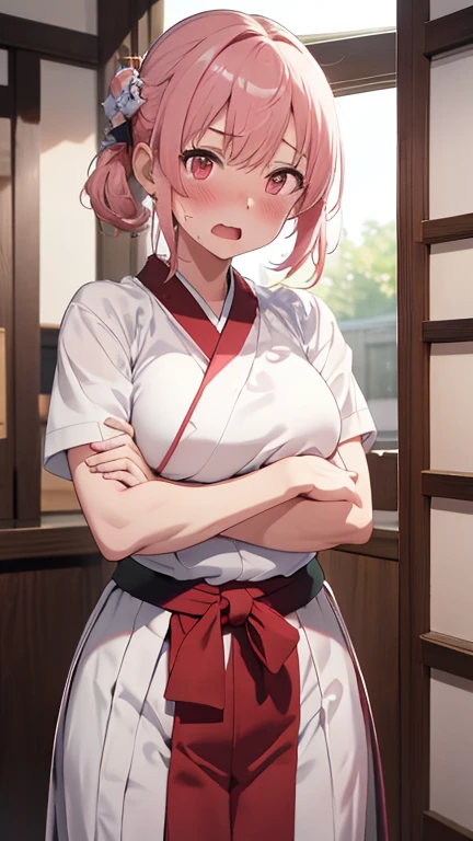 mastute piece,Best Quality,insanely detailed,8k cg,
shoot upper body,
1woman,18age,standing,body in front,looking at viewer,(kendo uniform,white dogi,hakama),break,
blush,shy,(trembling:1.2),pink hair,break,open mouth,large breast,kendojo,