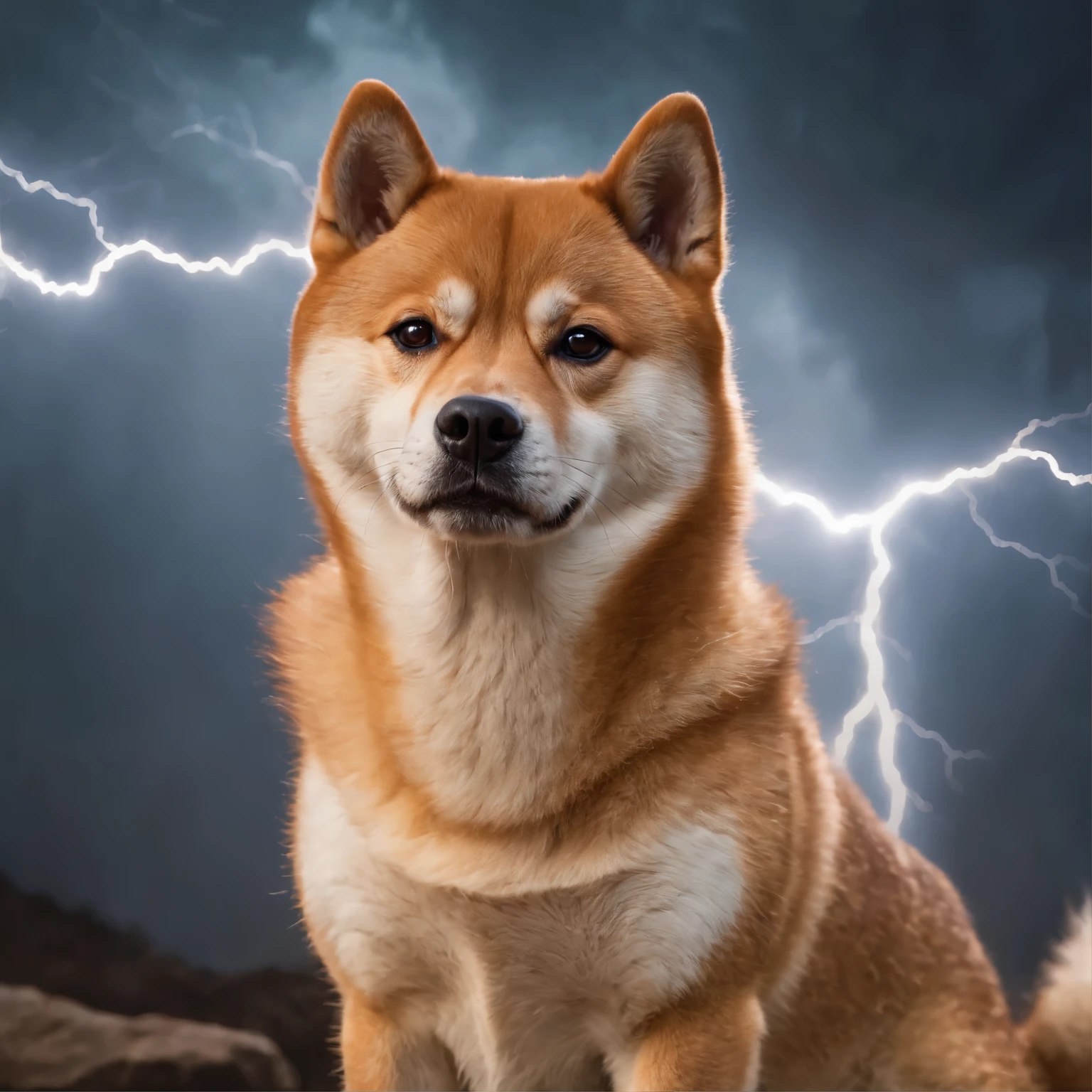 A Shiba Inu holding a hammer with mysterious patterns, surrounded by lightning, dark-toned background, determined look in the Shiba Inu's eyes
Medium:illustration
Additional Details:vivid colors, detailed fur texture, dynamic pose
Image Quality:(best quality,4k,8k,highres,masterpiece:1.2),ultra-detailed,(realistic,photorealistic,photo-realistic:1.37),HDR,studio lighting,extreme detail description
Art Style:concept artist
Color Palette:dark and moody colors, lightning strikes in bright colors
Lighting:dramatic and intense lighting