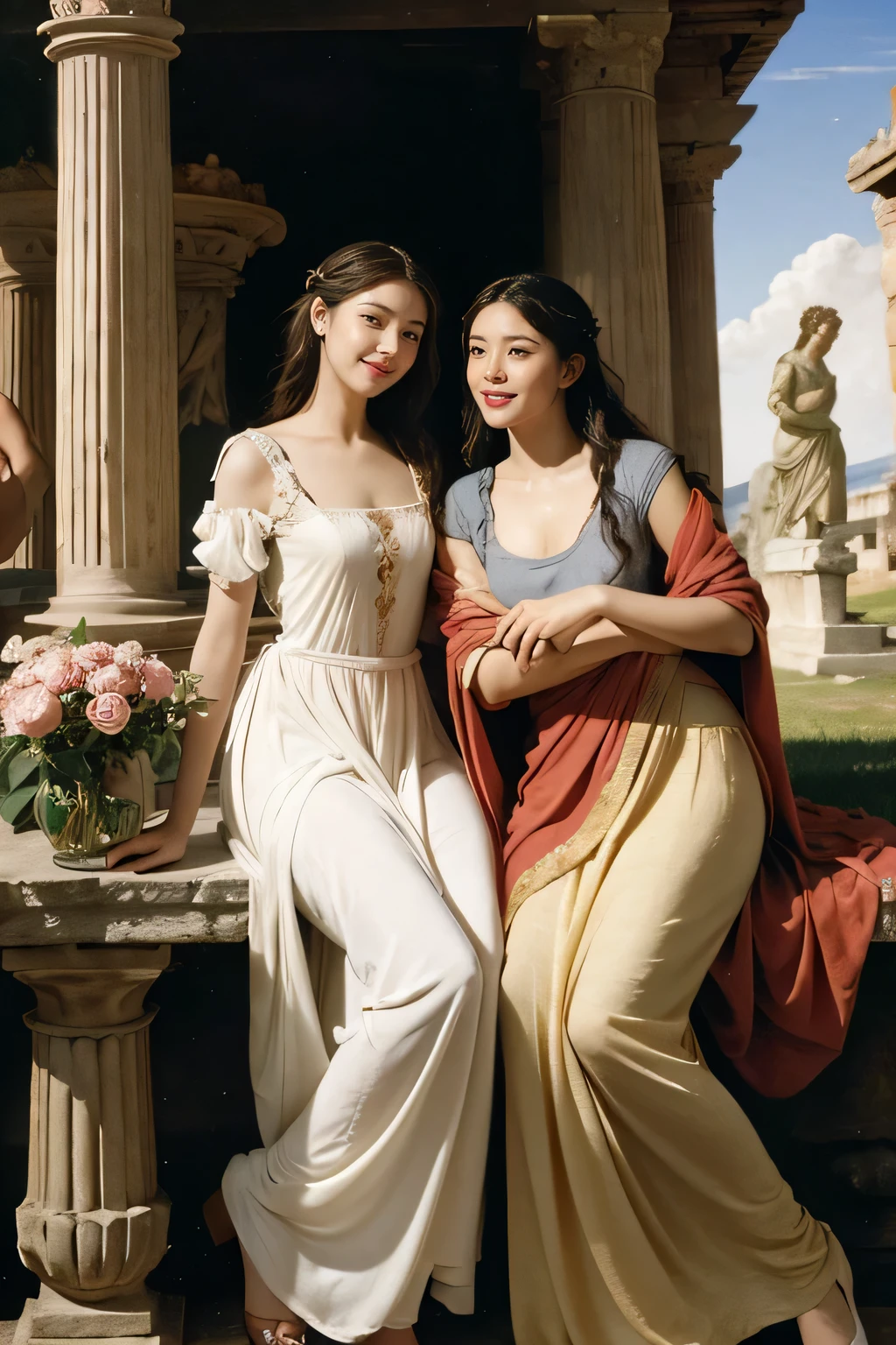 full body portrait or statue、Giorgione painting style,Arguments of two female Philosophe,math、astronomical machine、astronaut、roses in vase、fruits、Cute trinkets、smile、ancient greek costume、Ancient Roman landscape in the style of Nicolas Poussin,laughter,,Sweet and seductive appearance.、Caravaggio's paintings、Chiaroscuro of Caravaggio、hair tousled by the wind,Two women frolicking,cute smile, expression of ecstasy,Sexy,erotic,