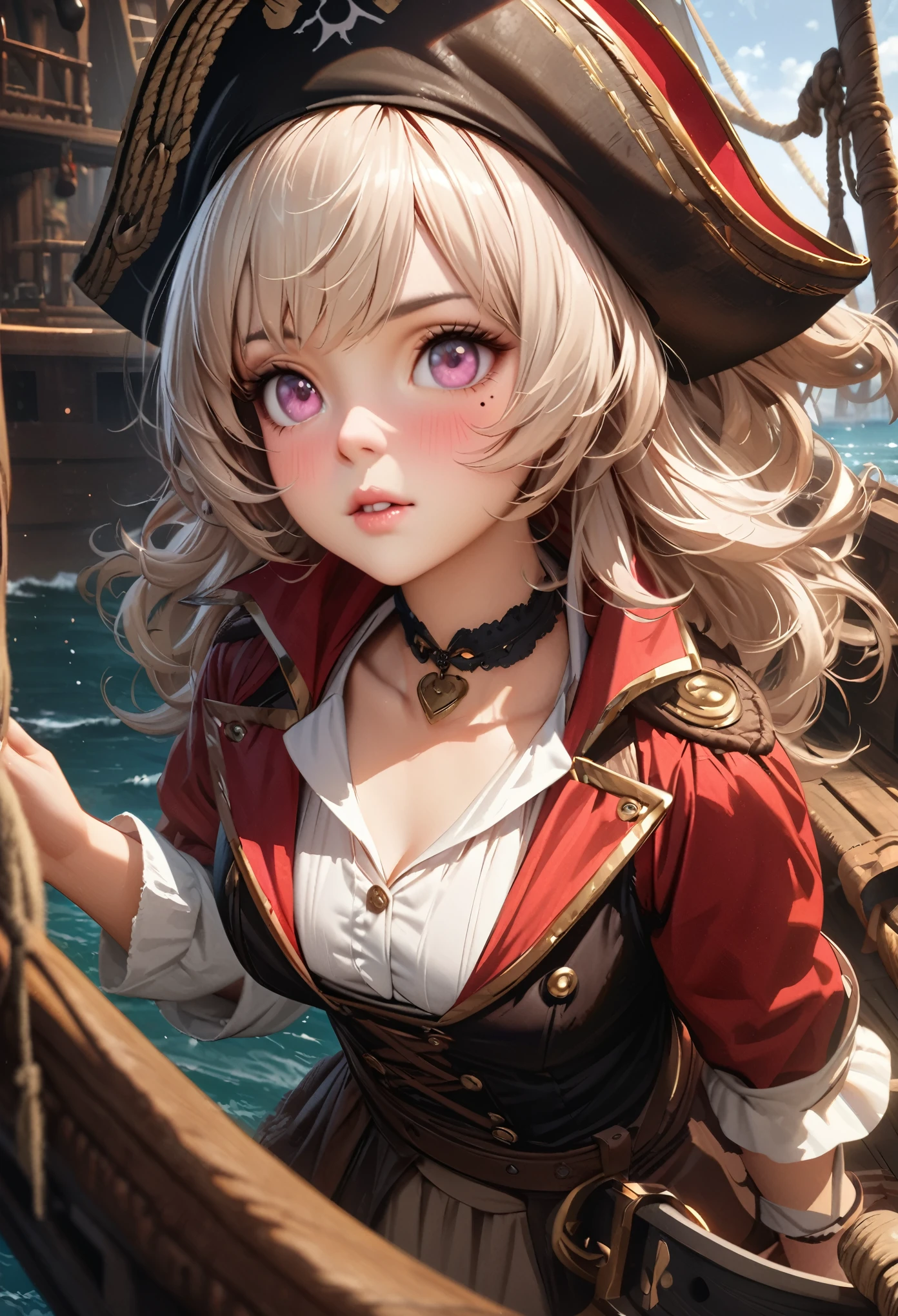 LittleMasterpiece, Best Quality, Highly Detailed, High Definition, High Definition, High Definition, 4k, 8k, Unity 8K Wallpaper, Highly Detailed CG, Masterpiece, Realistic, Beautiful Details, Depth, Fine Texture, Best Quality: 1.3, Total concentration, perfect skin, him, very cute anime, female pirate, pirate costume, pirate ship, whole body, mole under the eye, gaze, high, blush, lips parted, his art, pink eyes, choker