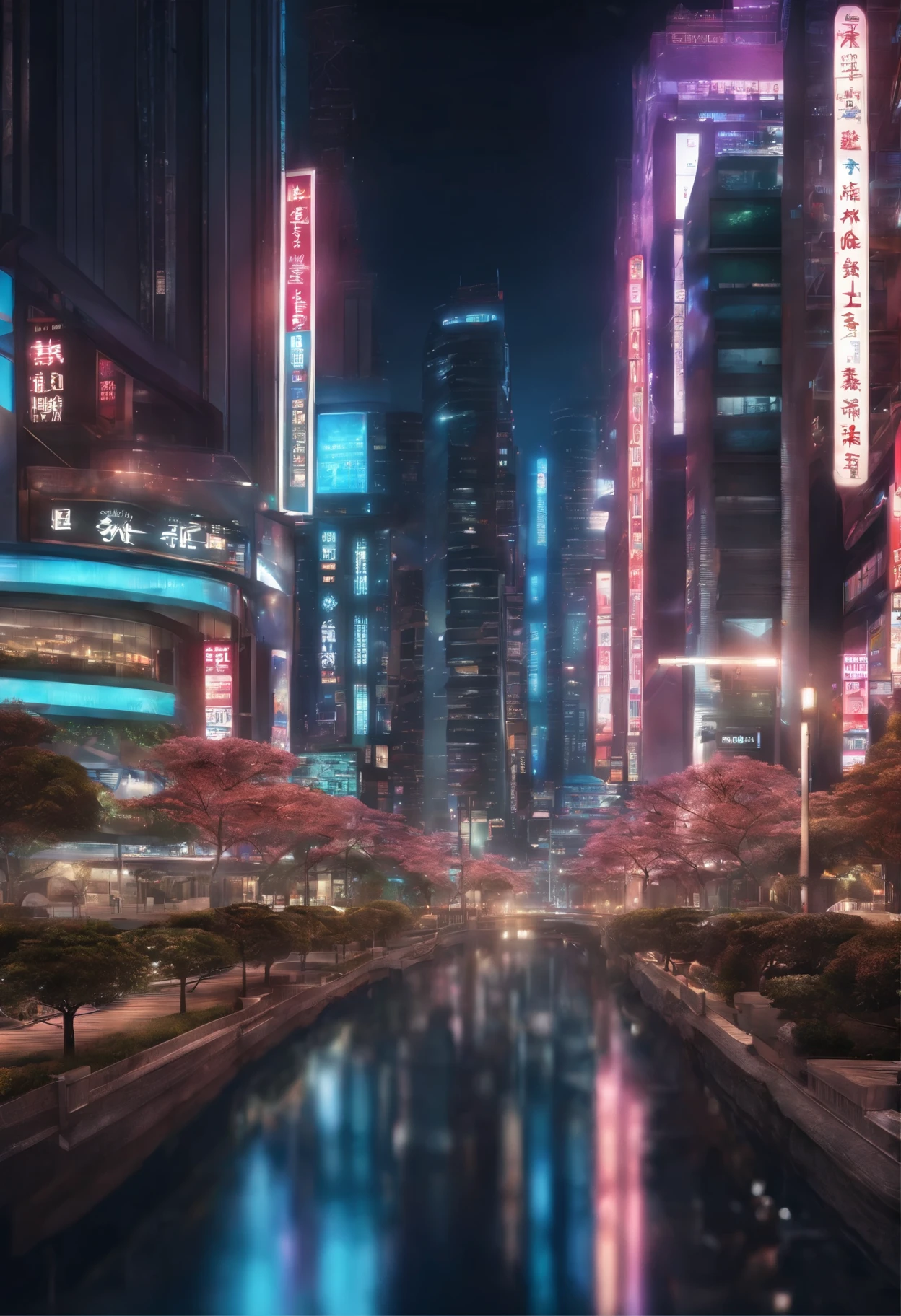 Futuristic style Japanese city。There are several mirrored buildings with vibrant lighting and lots of twinkling lights.、Beautiful image set wallpapers in realistic ultra-high resolution billboard style、There are many realistic buildings with shiny car signs。