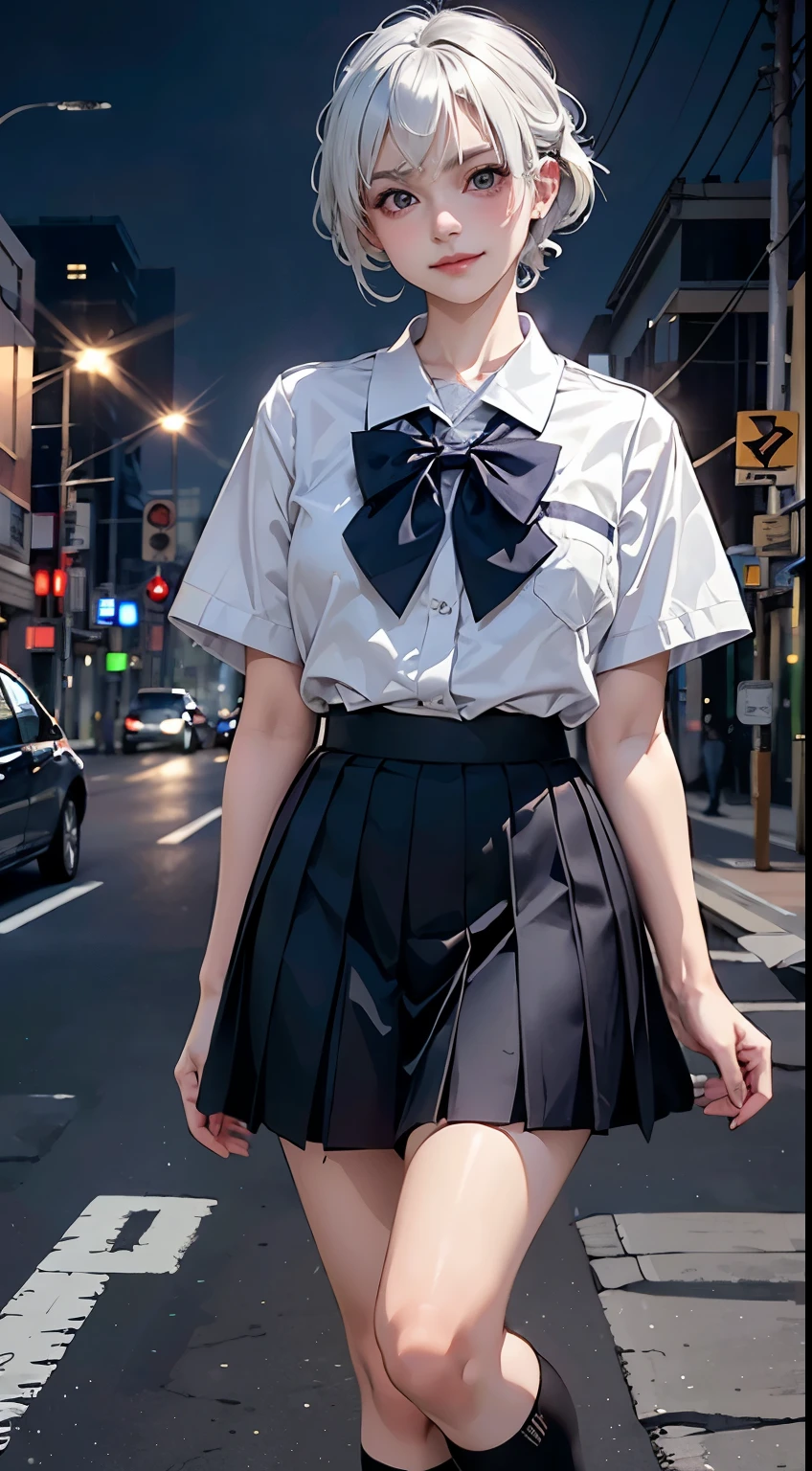 (8k, RAW photo, best quality, mastery:1.3),(realistic,photo-realistic:1.37),(night),(looking viewer:1.331),(white hair),posing,Tokyo street,nightcityscape,cyberpunk city,soft light, 1girl, extremely beautiful face, bust, hands down, casual hairstyle, smile, big eyes, lower abdomen, (white short sleeves, JK_shirt), JK_style, (navy JK_skirt), (bow JK_tie), mix4, big breasts, full body photo, black small leather shoes