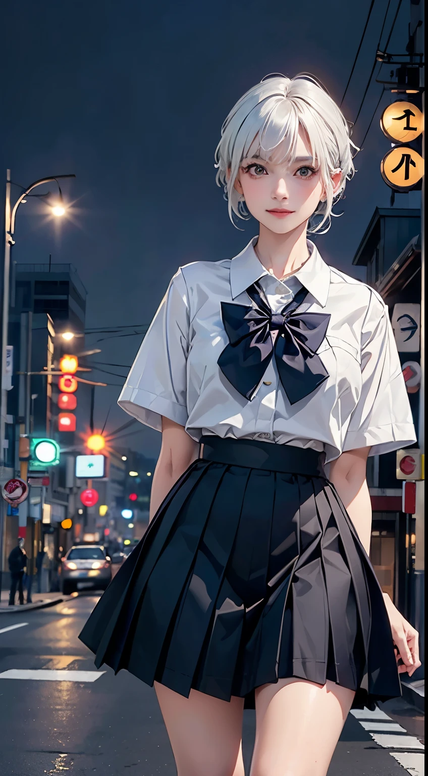 (8k, RAW photo, best quality, mastery:1.3),(realistic,photo-realistic:1.37),(night),(looking viewer:1.331),(white hair),posing,Tokyo street,nightcityscape,cyberpunk city,soft light, 1girl, extremely beautiful face, bust, hands down, casual hairstyle, smile, big eyes, lower abdomen, (white short sleeves, JK_shirt), JK_style, (navy JK_skirt), (bow JK_tie), mix4, big breasts, full body photo, black small leather shoes