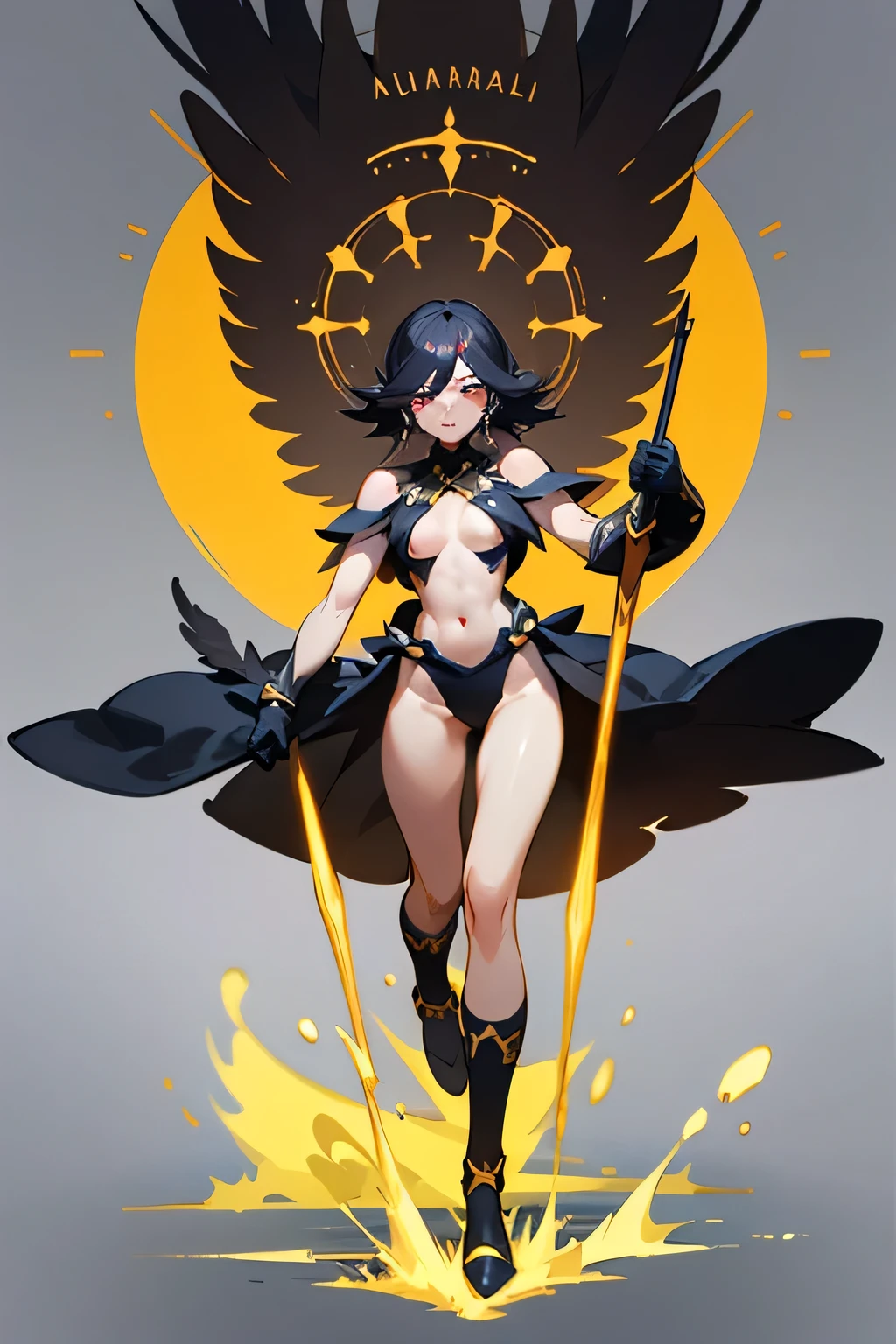 Anime, flying through the sky with black angel wings, golden leotard armor, In Battle, Chaos, shooting laser beams from hands, masterpiece ,pantyhose, boots,magicagirl body suit, large skirt, smile, long skirt,standing,smile forest,matoi ryuuko, pants, vest, pullover, coat, full body