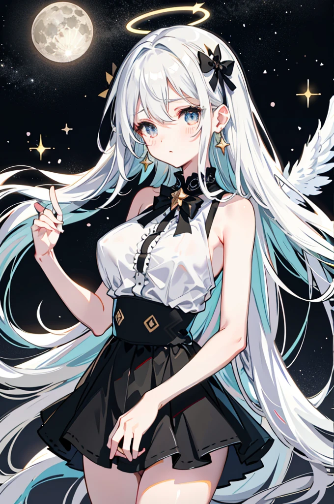 Large Breasts Shining Background Angel Halo Big shiny wings tears Gloomy face camisole Star-shaped earrings Shining Eyes Long white hair Full moon night shooting star universe Fantasy Raise your hands to the sky slender Beauty Bursting Darkness Little black ribbon The lower it goes, the brighter it becomes.