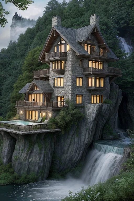arafed house on a cliff overlooking a river with a waterfall, lake house, beatiful house, fantasy setting, beautiful place, build in a forest near of a lake, beautiful and mysterious, fantasy house, cozy place, setting in nature, fairy tale place, located in a castle, cottagecore!!, very close to real nature, idyllic cottage