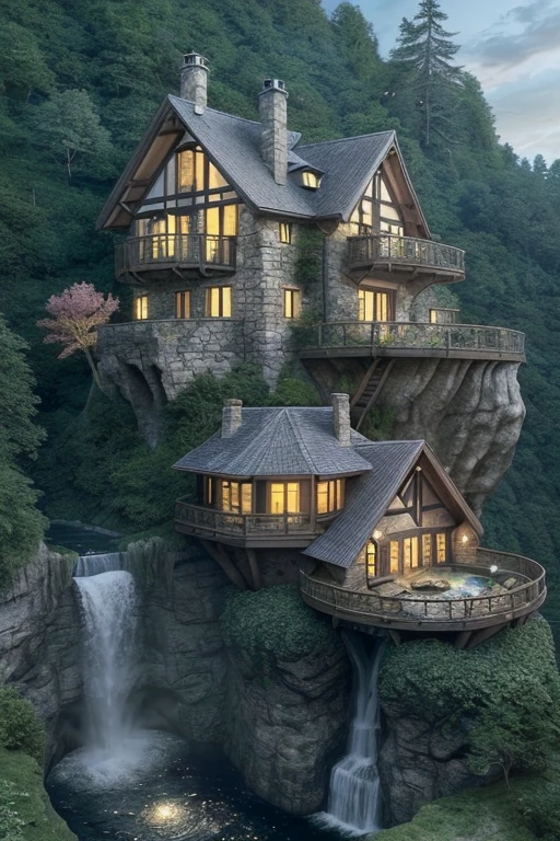arafed house on a cliff overlooking a river with a waterfall, lake house, beatiful house, fantasy setting, beautiful place, build in a forest near of a lake, beautiful and mysterious, fantasy house, cozy place, setting in nature, fairy tale place, located in a castle, cottagecore!!, very close to real nature, idyllic cottage