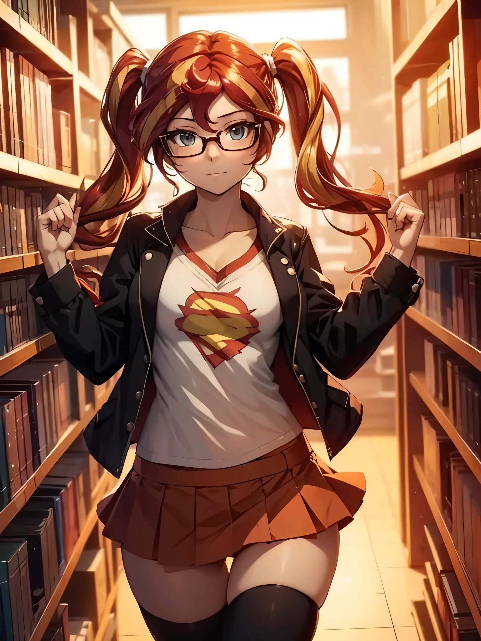 sunset shimmer, short skirt, knee socks, glasses, pigtails, cute, library, open shirt, panties pulled down around knees, explicit