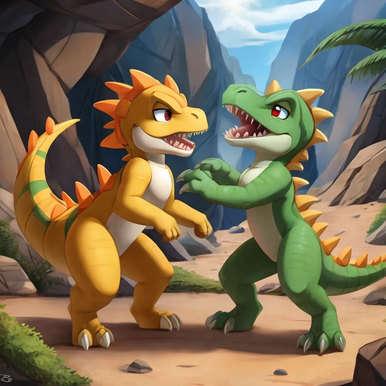 two cute dinasour fighting