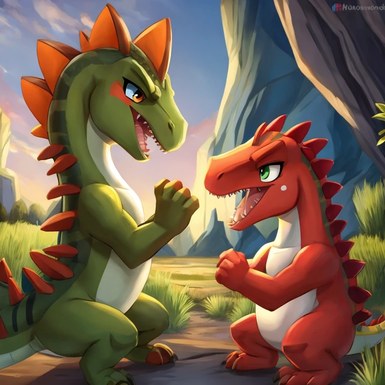 two cute dinasour fighting