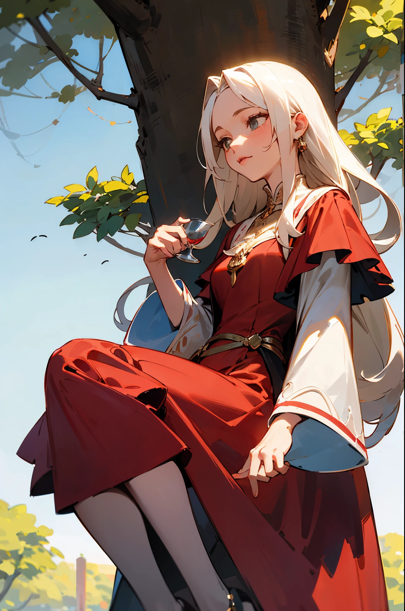 una bruja con una gran melena roja que cubre su espalda y parte de su rostro , She wears a long wine-colored dress while having tea under a tree