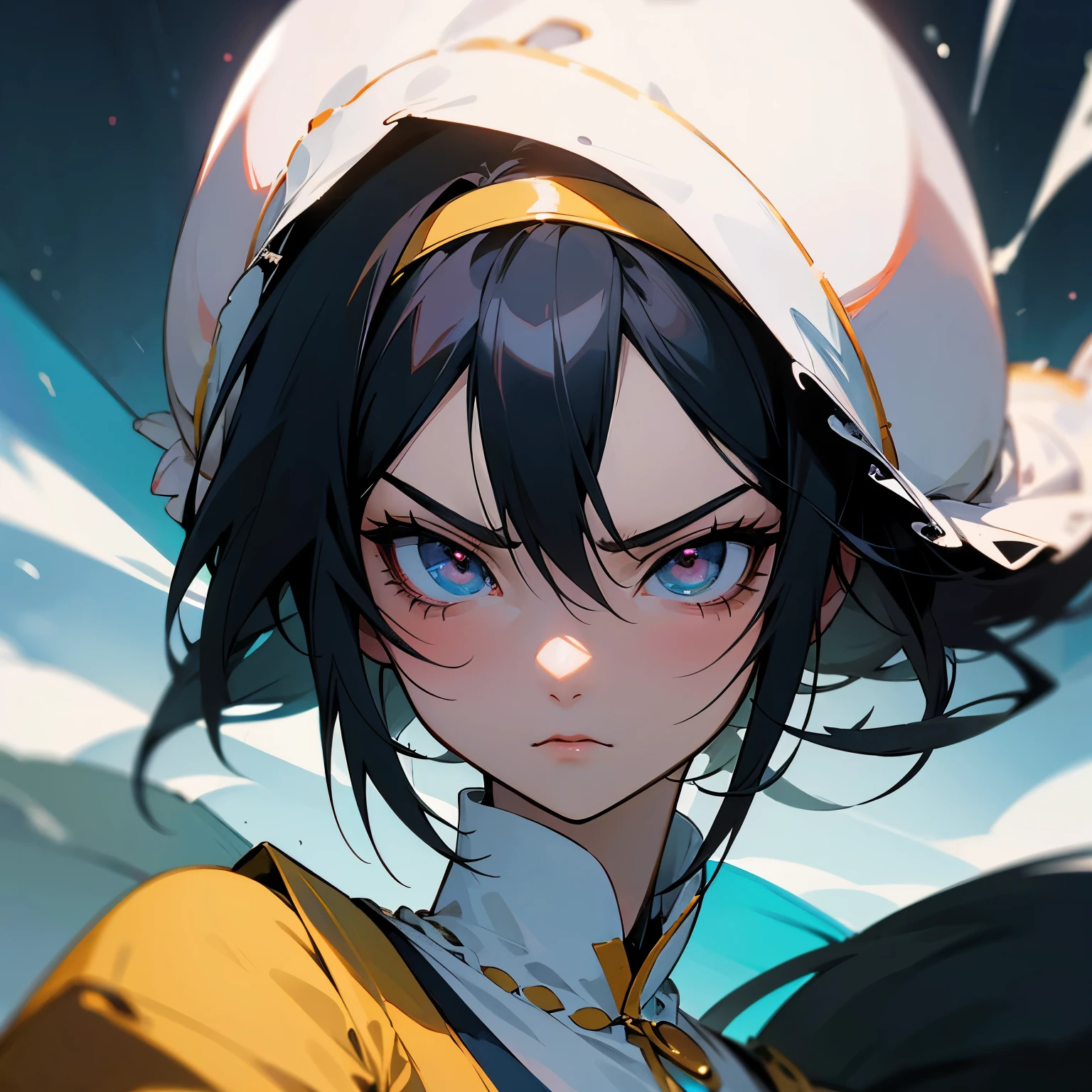 ((anime 2D)), mujer blanca, cabello lacio negro y largo, ojos oscuros, serious expression
