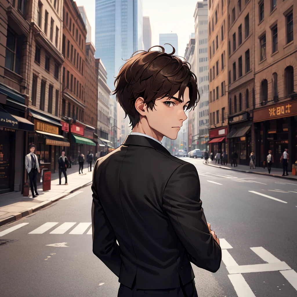 1boy, short brown hair, brown, all black suit, city, absurdres, high res, ultrasharp, 8K, masterpiece, looking at from backsite