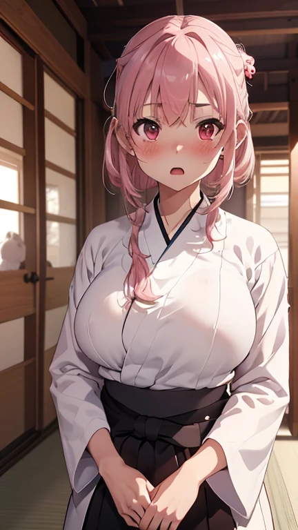 mastute piece,Best Quality,insanely detailed,8k cg,
shoot upper body,
1woman,18age,standing,body in front,looking at viewer,(kyudo uniform,white dogi,hakama),break,
blush,shy,(trembling:1.2),pink hair,break,open mouth,large breast,kyudojo,