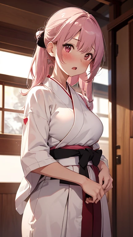 mastute piece,Best Quality,insanely detailed,8k cg,
shoot upper body,
1woman,18age,standing,body in front,looking at viewer,(kyudo uniform,white dogi,hakama),break,
blush,shy,(trembling:1.2),pink hair,break,open mouth,large breast,kyudojo,