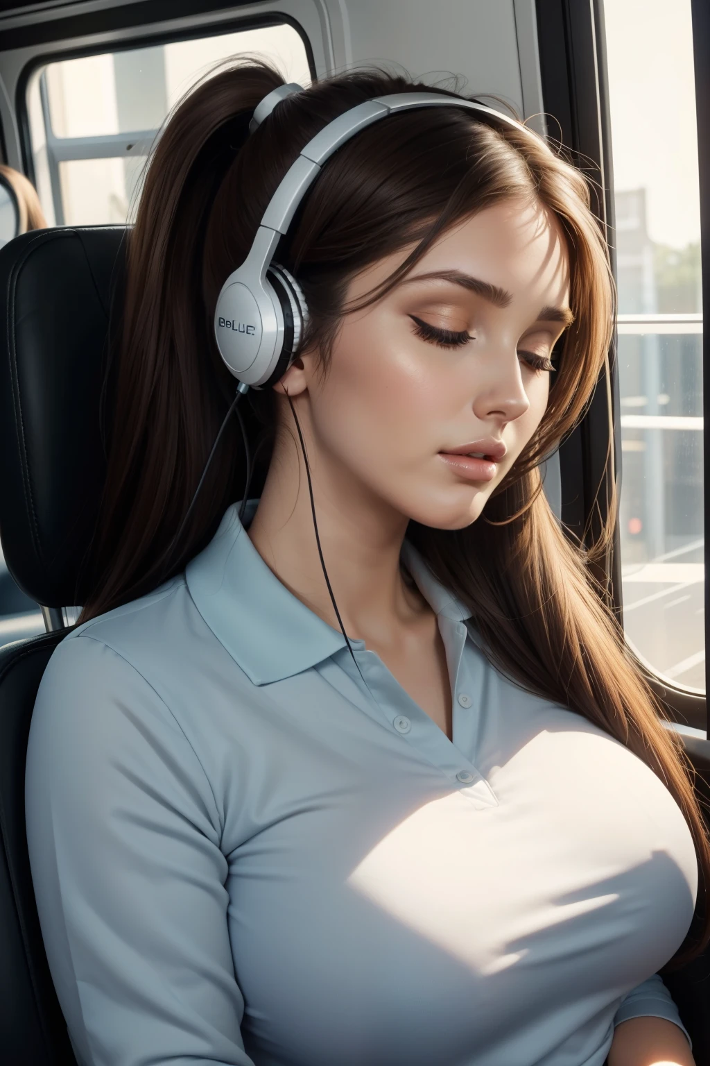 1 beautiful woman, large body, black and brown hair on ends, ponytail, eyelids made up, eyelids outlined with makeup, black long-sleeved polo shirt with neckline, neckline, strappy neckline, light blue jeans, cream clutch, wearing headphones, sleeping open-mouthed, asleep on the bus seat, head hanging, mouth wide open, nodding, Lucy Pinder, ((Adele)), face portrait, eyes closed