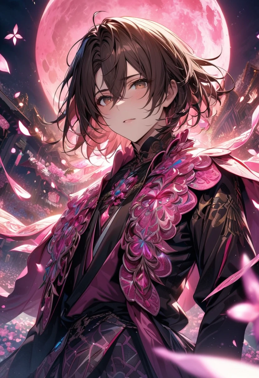 absurdres, highres, ultra detailed, HDR, master piece, best quality, perfect face, beautiful eyes, Eiden, dark brown short hair, hair between the eyes, expressive brown eyes, Nu Carnival, solo, man, handsome, patterns, pink ice butterflies, pink ice flowers, pink ice petals, pink moon, sky