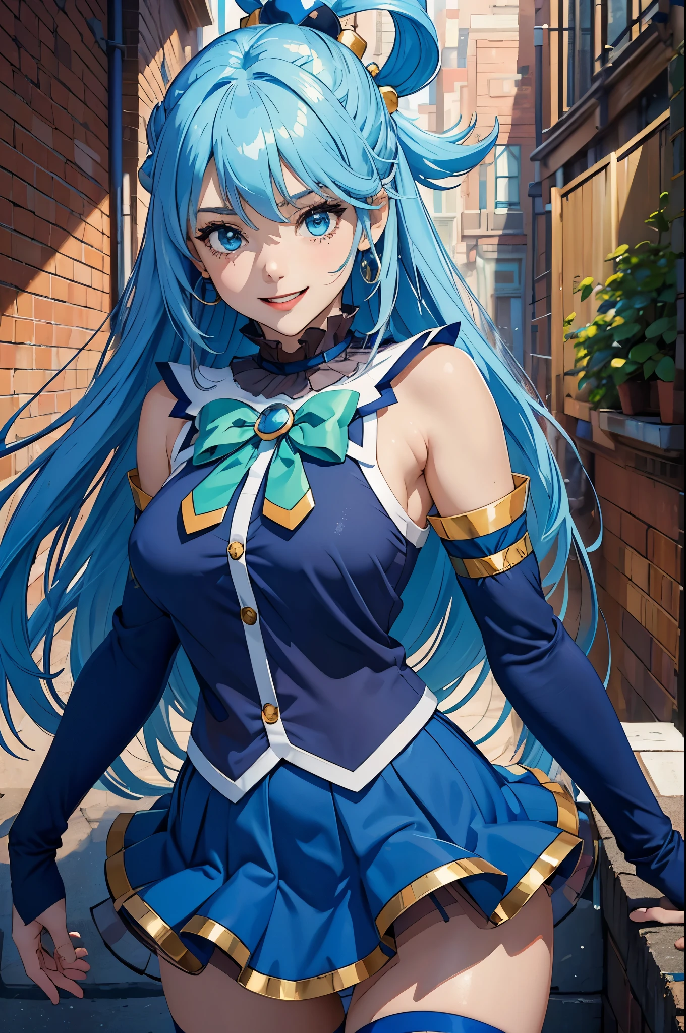 (masterpiece, best quality:1.2), expressive eyes, perfect face, highres, 1girl, solo, aaaqua, long hair, blue hair, hair rings, hair ornament, choker, bare shoulders, green bow, blue shirt, detached sleeves, blue skirt, thighhighs, happy smiling, standing, upper body, portrait, looking at the viewer