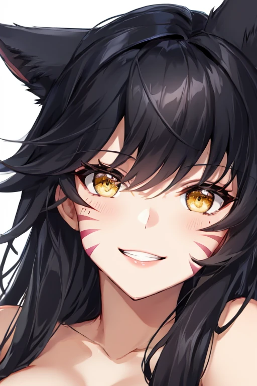 ah1, facial mark, bare shoulders, cleavage, black hair, yellow eyes, fox ears, smile with teeth, red marks on face, close-up
