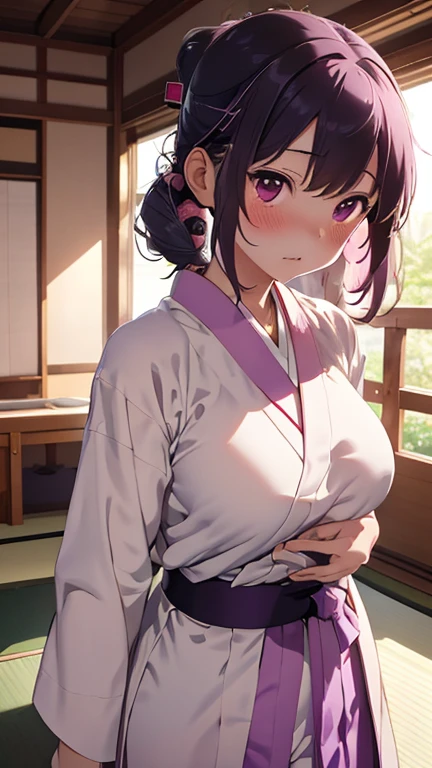 mastute piece,Best Quality,insanely detailed,8k cg,
shoot upper body,
1woman,18age,standing,body in front,looking at viewer,(kyudo uniform,white-dogi,break,purple-hakama),break,
blush,shy,(trembling:1.2),pink hair,break,open mouth,large breast,kyudojo,