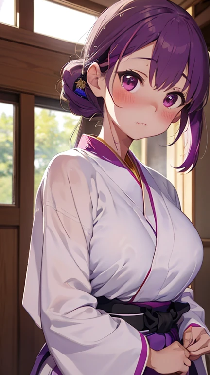 mastute piece,Best Quality,insanely detailed,8k cg,nsfw,
(shoot upper body:1.3),
(1girls:1.3),standing,looking at viewr,body in front,both arms behind back,(Kyudo、Bodysuit、Hakama)
break,
blush,shy,(trembling:1.2),(Purple Hair:1.4)、
break,
perfect breasts,perfect teats,(open mouth:0.9),(large breasts:1.2),
Kyudo場，