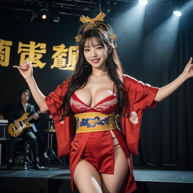 (highest quality、4K、High resolution、masterpiece: 1.2)、Very detailed、Genuine、Cowboy Shot、Bright colors、Studio Lighting、Sharp focus、Professional、(美しい15歳of女性)、(so beautiful)、(Correct Anatomy)、(完璧なProfessionalポーション)、(Long eyelashes)、(Delicate and captivating eyes)、(Erotic and delicate lips)、(彼女of顔はVery detailedかつ鮮明)、(Big Breasts)、(形ofいい胸)、(磁器ofような肌)、(Medium Hair)、(smile)、(Oiran-themed costume:1.45)、(Fluorescent and flashy costumes)、(highest qualityof下着)、(superior of of superiorアイドル)、(Sing and dance on a stage with a spectacular concert set)、(Dancing vigorously and exposing her panties)、(elation、Be sexually aroused、Sexually climaxed facial expressions:1.45)、Hair swaying violently、superiorアイドルグループof中心メンバー、Spotlight、Looking at the camera、Dome Tour Final Performance、満員ofファン、avid fan、大勢of人、Enthusiastic audience、拍手と歓声をsuperiorげる人々々、Diverse People々ofグループ、興奮した群衆of表情、満員ofスタジアム、An exciting atmosphere、観客of期待、群衆ofエネルギー、of buzz of lively conversation、Cheers rang out、群衆of中で旗が振られている、smileof海、ステージsuperiorでof魅惑的なパフォーマンス、群衆of中でカメラofフラッシュが光る、of person who captures the moment々、Togetherness and shared experiences、of excitement of being part of something big、祝う価値ofある思い出に残る出来事、of joy of entertaining、of power of music and performance、Vibrant colors、Dynamic Lighting、Amazing visual effects、Captivating scenes with attention to detail、Immersive Experience、活気ofある雰囲気、Capture the excitement、that'まるで別of世界に連れて行かれたような、of magic of live entertainment、huge breasts