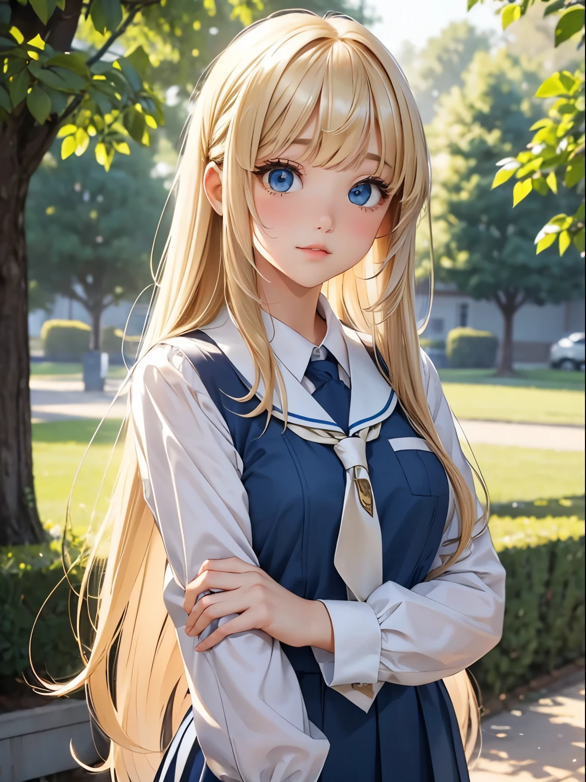 plein air、Swaying bangs、ultimate beauty girl、Care for bangs、poneyTail、hair care、Very beautiful 18 year old cute girl、a hiny white young beautiful skin、Sexy and very beautiful good looks、Very cute face with ultimate beauty、Super Long Bright Natural Blonde Hair、Smooth straight hair、Big blue eyes with radiant transparency、School Uniforms
