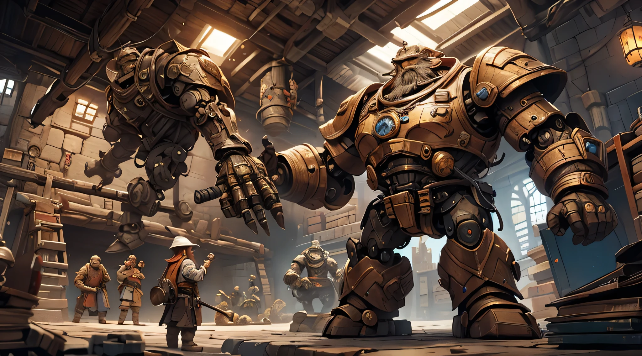 depicts dwarves working in an underground workshop making golem robots, fantasy theme