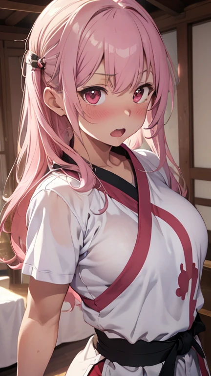 mastute piece,Best Quality,insanely detailed,8k cg,
shoot upper body,
1woman,18age,standing,body in front,looking at viewer,(karate uniform,white-dogi),break,
blush,shy,(trembling:1.2),pink hair,break,open mouth,large breast,kyudojo,