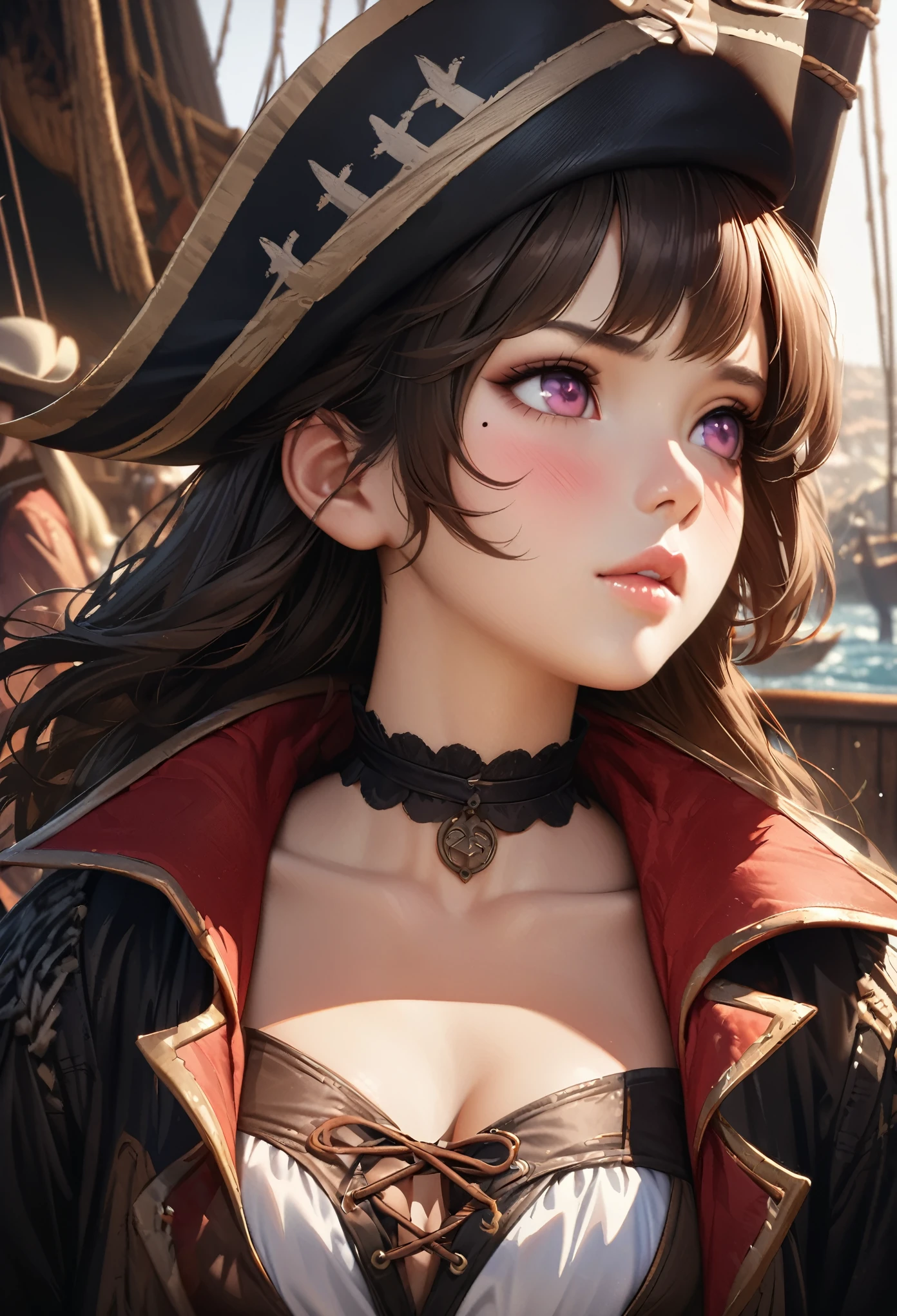 LittleMasterpiece, Best Quality, Highly Detailed, High Definition, High Definition, High Definition, 4k, 8k, Unity 8K Wallpaper, Highly Detailed CG, Masterpiece, Realistic, Beautiful Details, Depth, Fine Texture, Best Quality: 1.3, Total concentration, perfect skin, him, very cute anime, female pirate, pirate costume, pirate ship, whole body, mole under the eye, gaze, high, blush, lips parted, his art, Blue eyes, choker