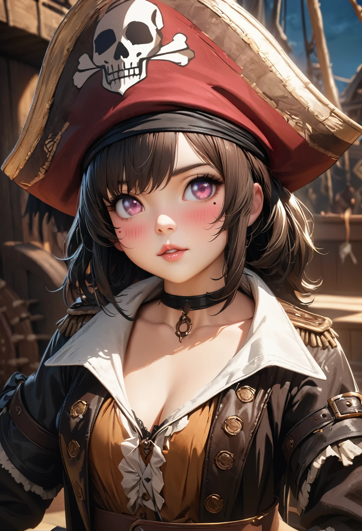 LittleMasterpiece, Best Quality, Highly Detailed, High Definition, High Definition, High Definition, 4k, 8k, Unity 8K Wallpaper, Highly Detailed CG, Masterpiece, Realistic, Beautiful Details, Depth, Fine Texture, Best Quality: 1.3, Total concentration, perfect skin, him, very cute anime, female pirate, pirate costume, pirate ship, whole body, mole under the eye, gaze, high, blush, lips parted, his art, pink eyes, choker