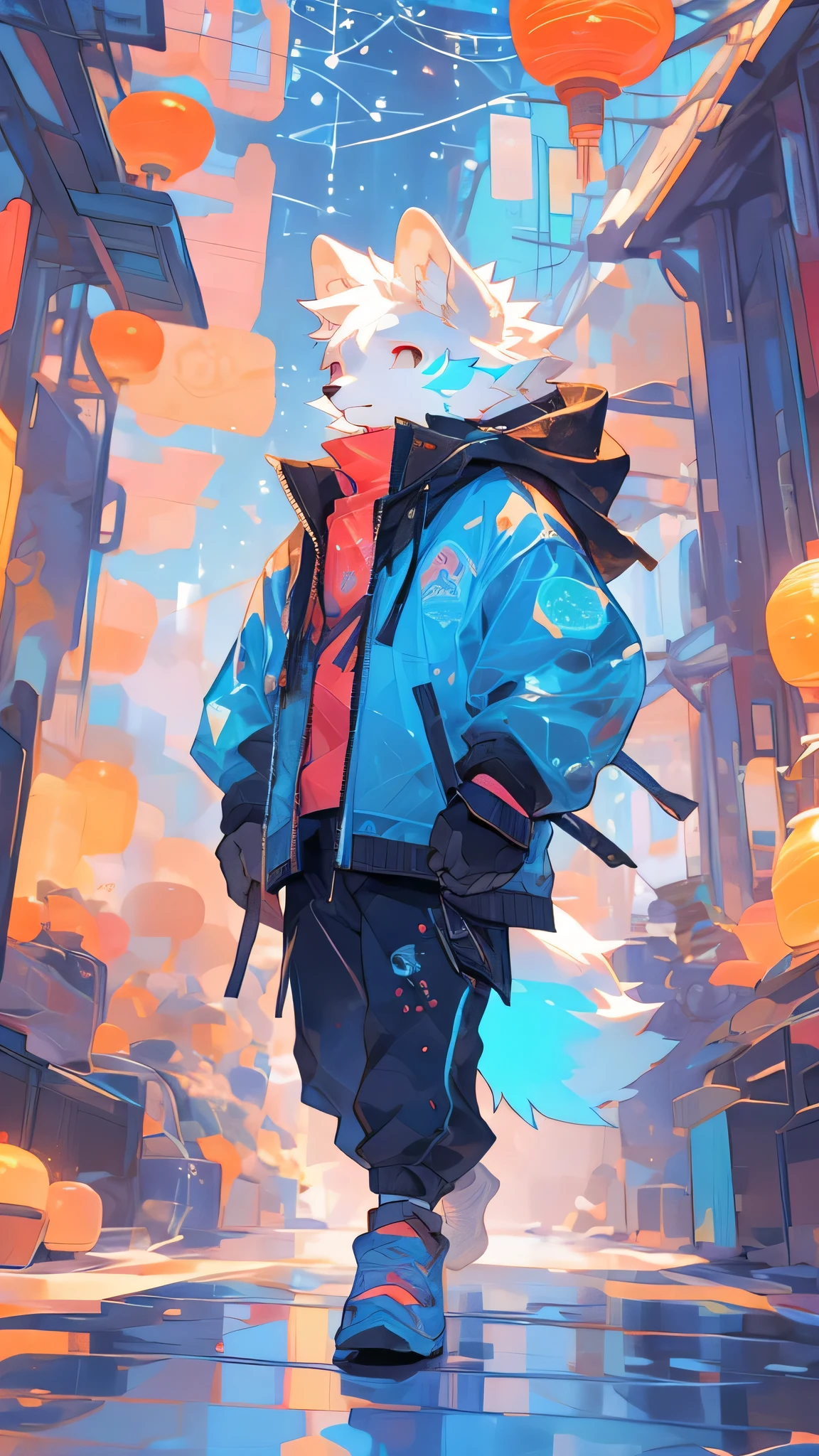Golden Mane,Arctic fox,Head to Body Ratio1:7,Fu Rui,furry,Stained glass window style,Modern Chinese style cyberpunk urban background,Night,Neon lights flashing,Dynamics of people walking on the street,Take the sugar gourd,Red and blue contrasting colors,没wear shoes,Meat pads on the ground,Laser transparent sweatshirt,Male: Fu Rui,Grey sports shorts,Trendy clothing,The upper body has no other clothes except the laser transparent hooded sweatshirt,Thin body,Abs loom,Face clarity,Blue and pink heterochromatic pupils,Single protagonist,Take the sugar gourd,Side close-up,18-year-old youth body type,Clear facial contours,Arctic fox,big eyes,wear shoes,Eyes open,The body is slender,big eyes,The eye contour is clear,