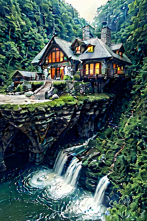 arafed house on a cliff overlooking a river with a waterfall, lake house, beatiful house, fantasy setting, beautiful place, build in a forest near of a lake, beautiful and mysterious, fantasy house, cozy place, setting in nature, fairy tale place, located in a castle, cottagecore!!, very close to real nature, idyllic cottage