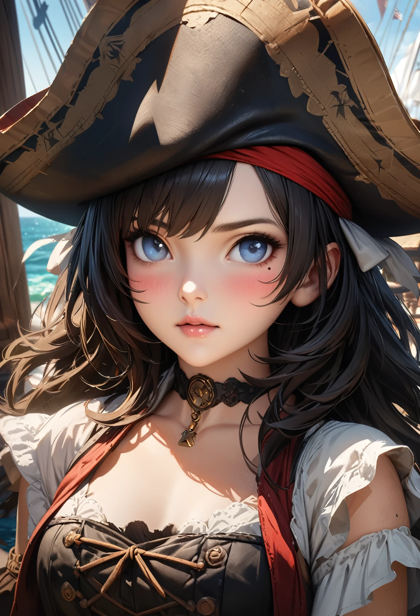 LittleMasterpiece, Best Quality, Highly Detailed, High Definition, High Definition, High Definition, 4k, 8k, Unity 8K Wallpaper, Highly Detailed CG, Masterpiece, Realistic, Beautiful Details, Depth, Fine Texture, Best Quality: 1.3, Total concentration, perfect skin, him, very cute anime, female pirate, pirate costume, pirate ship, whole body, mole under the eye, gaze, high, blush, lips parted, his art, blue eyes, choker