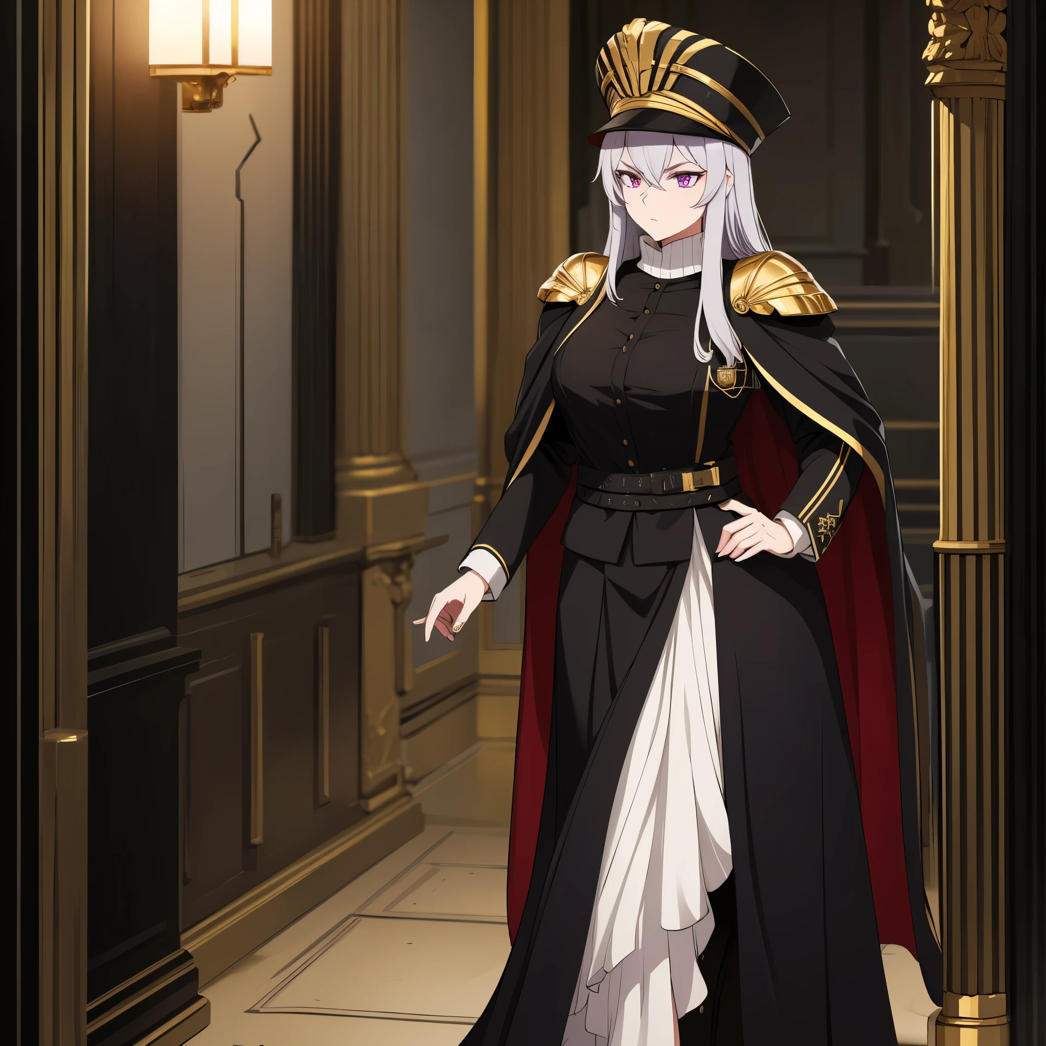 a woman wearing a black military dress with gold details, golden shoulder pads, long black cape, long gray hair, black military hat with gold details, purple eyes, walking in a luxurious room with white walls, golden pillars, medieval paintings.k, HDR , ultra resolution, sharp, masterpiece, 8K HD (solo woaman)
