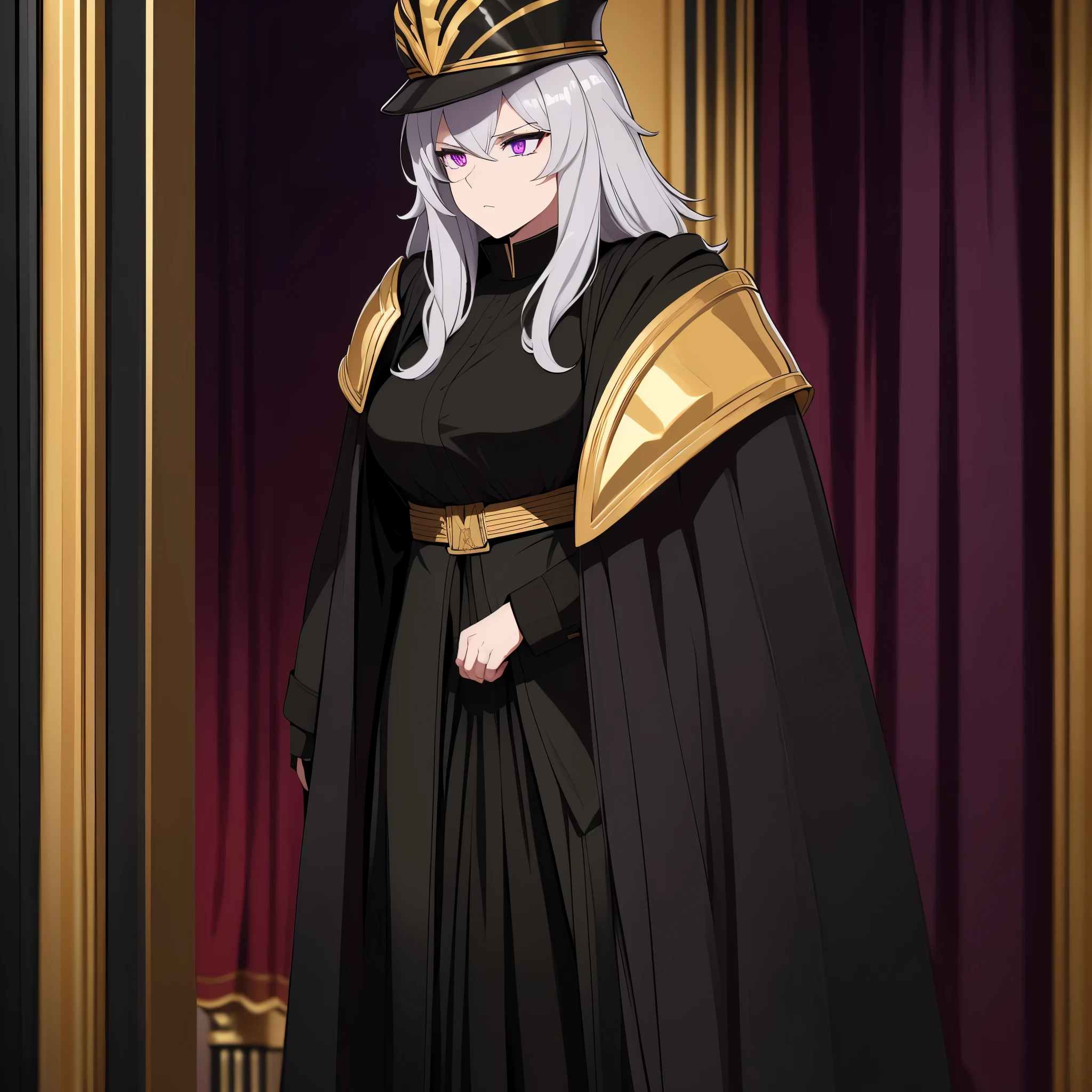 a woman wearing a black military dress with gold details, golden shoulder pads, long black cape, long gray hair, black military hat with gold details, purple eyes, walking in a luxurious room with white walls, golden pillars, medieval paintings.k, HDR , ultra resolution, sharp, masterpiece, 8K HD (solo woaman)
