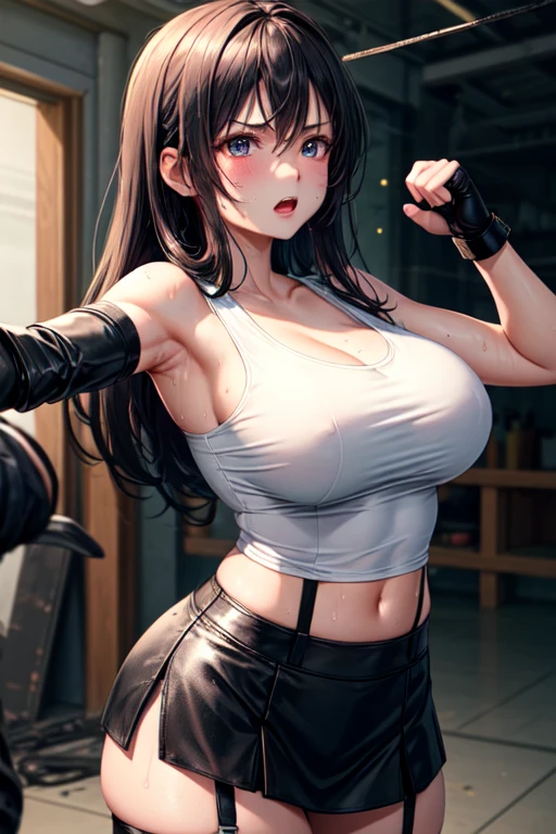 beautiful girl　Best Style　Fight the enemy　anger　Sweat　Black Leather Gloves　　Combat Uniform　Big Breasts　Light clothing　Martial Arts　black leather skirt　White Tank Top　black garter belt　Dirty face and clothes　White liquid all over the body　Black bra underneath a white tank top　humiliation