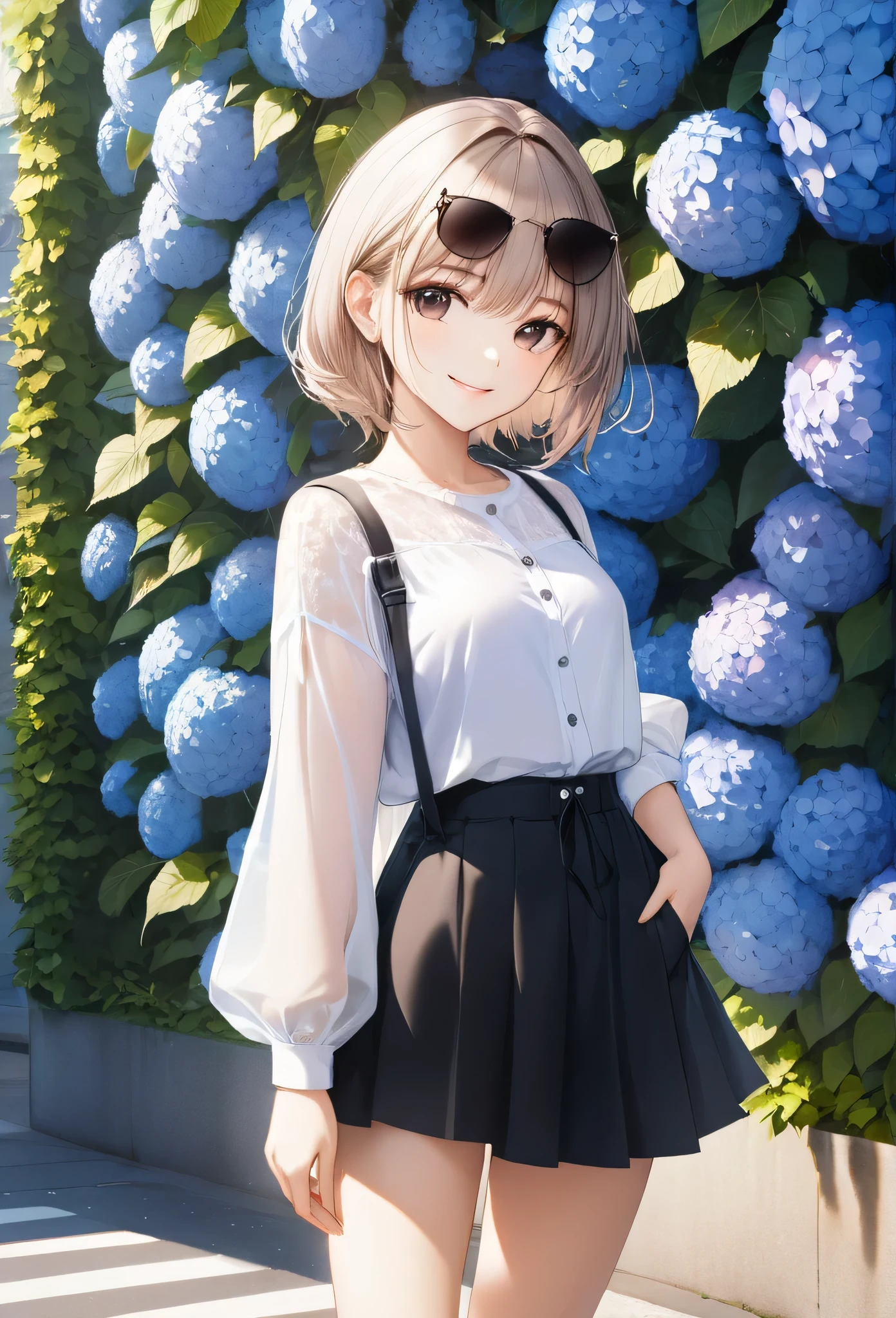 very cute and beautiful anime girl, 20 years old, Standing in front of a the hydrangea wall, (from front:1.5), street fassion, smile, wearing sunglasses, cowboy shot,sunlight, masterpiece,best quarity,ultra detailed, ultra high resolusion, 8k, high detailed face,