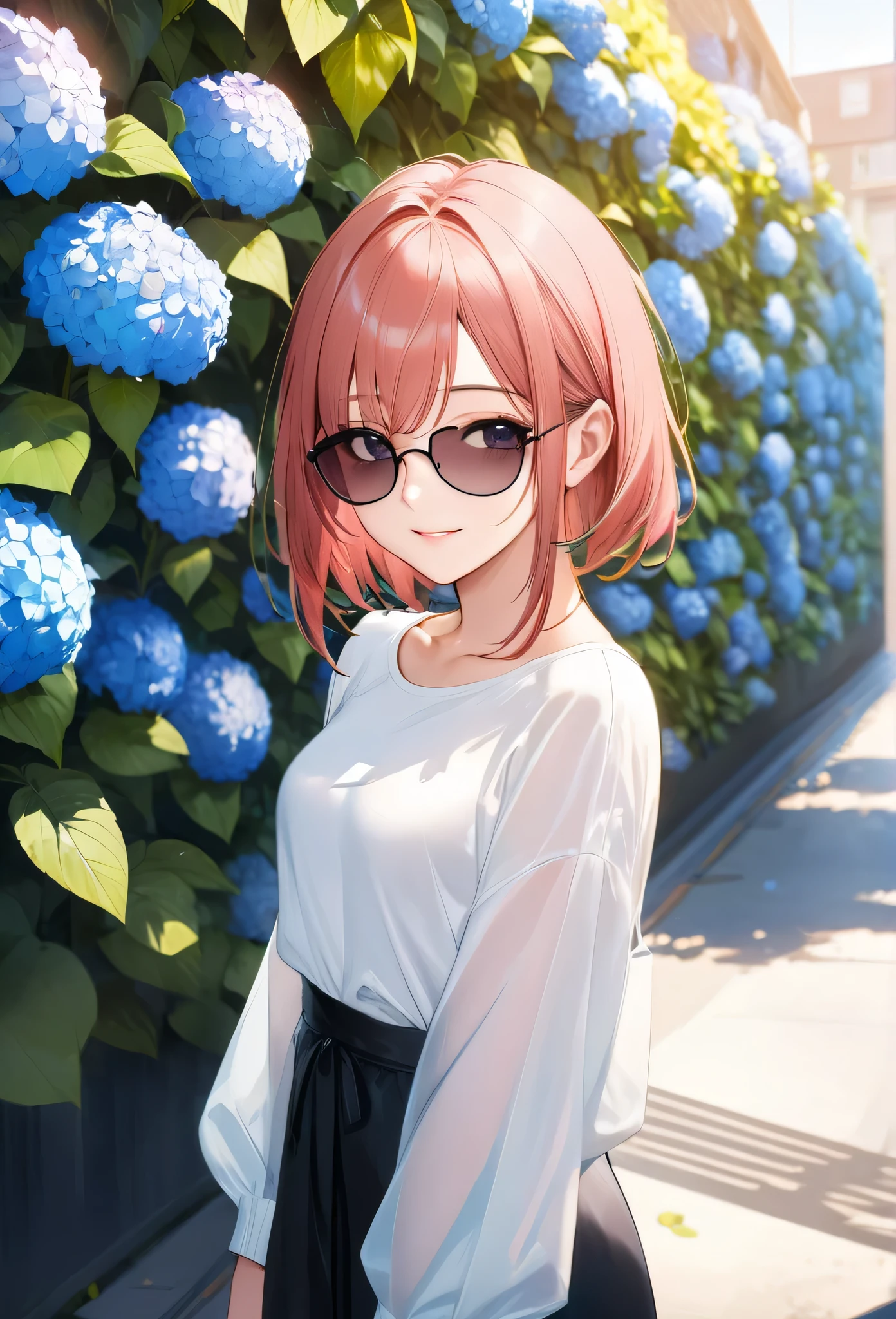 very cute and beautiful anime girl, 20 years old, Standing in front of a the hydrangea wall, (from front:1.5), street fassion, smile, wearing sunglasses, cowboy shot,sunlight, masterpiece,best quarity,ultra detailed, ultra high resolusion, 8k, high detailed face,