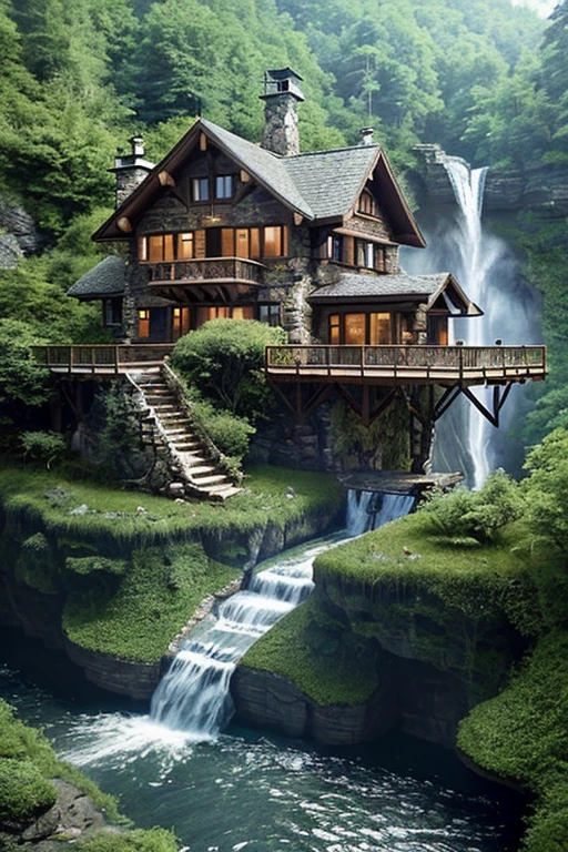 arafed house on a cliff overlooking a river with a waterfall, lake house, beatiful house, fantasy setting, beautiful place, build in a forest near of a lake, beautiful and mysterious, fantasy house, cozy place, setting in nature, fairy tale place, located in a castle, cottagecore!!, very close to real nature, idyllic cottage